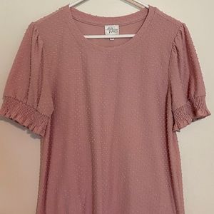 Mauve Pink Seersucker Terry Knit Top Blouse Ruche Puff Sleeves LG Ava James